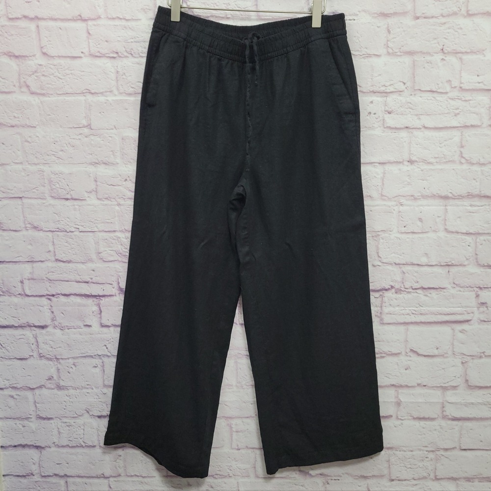 Old Navy Black Wide Leg Pants Womens M Linen Blend Drawstring Minimalist Coastal
